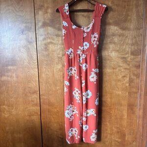 BOG Collective Rust Orange Floral Print Midi Jumpsuit with tie waist
